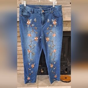 Chico's So Slimming Women's 2 Girlfriend Ankle Embroidered Beaded Denim Jeans